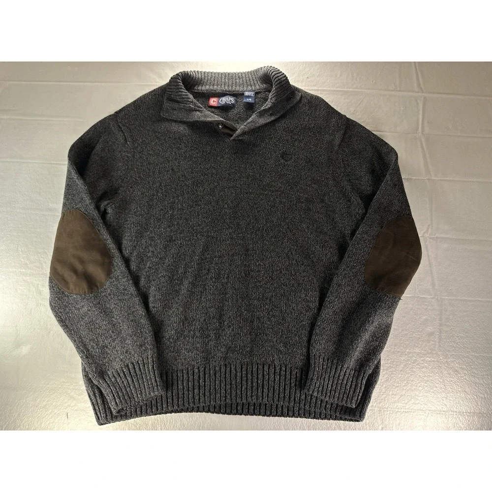 Chaps Ralph‎ Lauren Sweater Adult Small Gray Cotton Elbow Patch Mock Neck Mens
